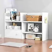 Hbluefat Desktop Bookshelf Organizer, 3-Tier Countertop Storage Wood Bookcase with Drawer, Multipurpose Tabletop Display Rack for Dorm Office Home (White)