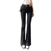 Nevenka Womens Split Elastic Jeans High Waist Slim Elegant Flare Leg Long Pants-Black