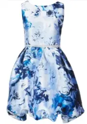Xtraordinary Big Girls Mikado Jewel Waist Blue Floral Print Bubble Dress-Size-12
