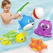 JOYIN Bath Fishing Toy Set for Toddlers - Magnetic Toy with Fishing Rod, Spinning Octopus and Starfish, Wind-up Shark and Turtle - Sensory Development for Infants
