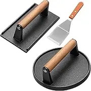 VenxyKod Burger Press Kit, Blackstone Hamburger Patty Maker Heavy Duty Cast Iron Grill Press Wooden Handle Press Grill Sandwich Maker, Bacon, Steak(Round and Rectangular)