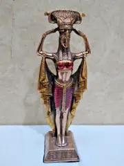 ANCIENT EGYPTIAN ANTIQUE Statue Goddess Isis Head Candlestick Gold painting-23cm