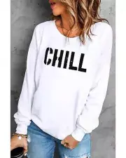 White CHILL Graphic Long Sleeve Pullover Sweatshirt - Sweatshirts & Hoodies