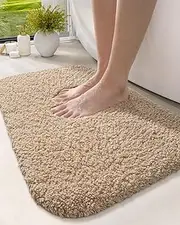 DEXI Bathroom Rug Mat, Extra Soft and Absorbent Bath Rugs, Washable Non-Slip Carpet Mats for Shower Room Floor, Tub, 24"x16", Beige