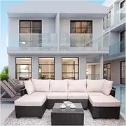 DJHK docor 7 Piece Outdoor Patio Furniture Sets Modern Outdoor Furniture Conversation Patio Furniture Set Rattan Outdoor Furniture Set for Backyard, Poolside, Indoor,White and Brown
