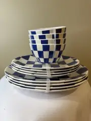 12 Blue White Checkered Melamine Dinner & Salad Plates Tidbit Bowls NWT