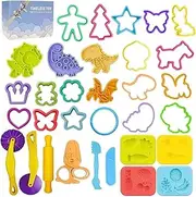 Dough Tools Play for Kids-Dough Accessories Molds Dinosaur Fruit Roller Cutter Scissor and Storage Box, Party Favors Set for Age 3+