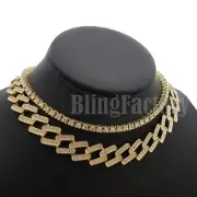 Hip Hop Iced Gold PT 18" Prong Cuban & 1 Row CZ Tennis Choker Chain Necklace Set