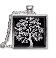 Pretty Swirly Tree of Life - Handmade SQUARE Glass Pendant Necklace 25mm