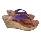 Tory Burch Purple Patent Leather Cork Wedge Platform Heeled Sandals Gold Logo
