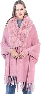 [BAILEYU] Women Poncho Faux Fur Shawl Wrap Solid Warm Long Sleeve Coat Knitted Cape Cardigan Cloak,Pink,One Size