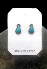 Signed Navajo Sterling Silver Natural Turquoise Squash Blossom Stud Earrings