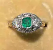 Art Deco Style Anniversary Ring 2.1 Ct Lab Created & Emerald 14k White Gold FN