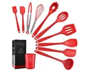 Supperstore 10PCS Set Kitchenware Silicone Kitchenware Non-stick Silicone Shovel Spoon Kitchen Tool with Storage Bucket-Red