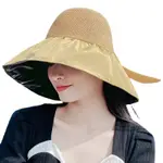 蝴蝶結造型透氣黑膠漁夫帽 適用女夏鏤空棉麻草帽大檐遮臉太陽帽可折疊漁夫帽