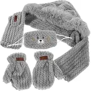 [VALICLUD] 1set Cute Bear Ear Hat Scarf Mask Gloves Set Windproof Cycling Gloves Warm Stylish Hooded Cap for Outdoor Sports Activities Grey