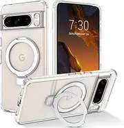 [GUAGUA] Clear Magnetic for Google Pixel 8 Pro Case with Kickstand [Compatible with MagSafe] [Anti-Yellowing] Full Protective Slim Lightweight Shockproof Phone Case for Pixel 8 Pro 6.7'' (2023), Clear