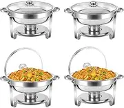 Zertylre Chafing Dish Buffet Set, 4.5L 4 Pack, Stainless Steel Chafe with Glass Lid, Round Catering Warmer Server with Lid Water Pan Stand Fuel Holder Cover Holder Spoon (4 pcs)
