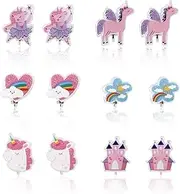 [Mikovivi] 6 Pairs Clip On Earrings for Girls, Basic Resin Clip On Earrings Multicolored Clouds Castle Rainbow Pattern Children Non-Pierced Jewelry Dress Up Accessories