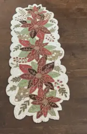 Cynthia Christmas Beaded Table Runner 36” Poinsettia New Holiday Red Green