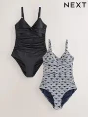 Black/Navy Fan Print Tummy Control Swimsuits 2 Pack (E51574) | $109