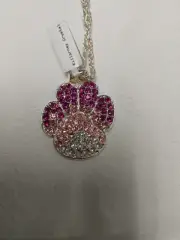 Killarney Crystal Pink Paw Print Necklace With 36” Silver Tone Rope Chain