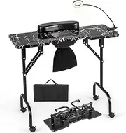 GUDAJIN Portable Nail Table, Foldable All-in-One Nail Table, Mobile Nail Art Workstation with Dust Collector, Nail Light, Carrying Bag and Wrist Pad for Nail Beauty Salon (Black)