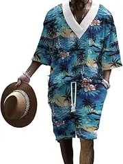 [HanzhuoLG] Men's Fashion Print Two Piece Set Oversize Stylish V Neck Short Sleeve T Shirt & Drawstring Shorts 2 Pcs Set 3X-Large