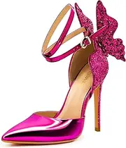 [FINDVELL] Gold High Heels Butterfly Back Sexy Stiletto Pumps Closed Toe Sparkly Ankle Strap Heels Sandals for Women