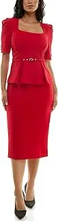 [Maison Tara] Women's Elbow Sleeve Belted Boucle Peplum Pencil Sheath Midi Dress