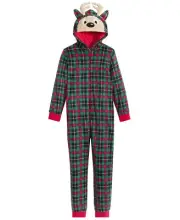 New Boys/Teens Green Plaid Reindeer Hooded One Piece Pajama Unfooted XL 16/18 PJ