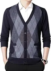 [Qolkmuiy-GJ] Men's Classical V Neck Plaid Cardigan Soft Knitted Plaid Pockets Sweaters Vintage Autumn Collar Open Sweater