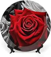 Decorative Ceramic Plates with Black White Red Roses Decorative Ceramic Plates for Display Boho Style Dinner Plate with Display Stand Plate