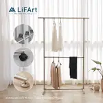 【LIFART】不鏽鋼附輪伸縮耐重雙桿曬衣架(含5入防風扣/掛衣架/晾衣架/吊衣架)[現貨]