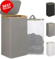 Collapsible Laundry Basket 110L Tall Hamper with Lid Handle & Removable Bag Grey