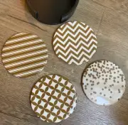 New Allen + Roth Holiday Gold Whit Porcelain Coasters Set of 4 Wood Round Holder