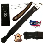 Beard Wet Cut Throat Wooden Straight Edge Razor, Leather Sharpening Strop Belt