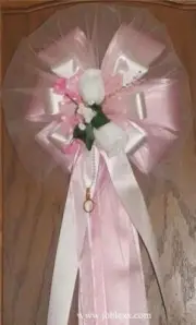 6 WHITE ROSES PINK/WHITE flora Ribbon Pew Bows for Occasions