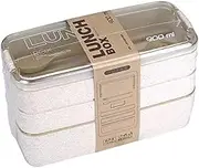 Poemtian 3-Layer Stackable Bento Lunch Box,3-in-1 Compartment Wheat Straw Meal Prep Container,900ml Food Storage Box for Student School Office,Compartment Japanese Leakproof Food Container (Beige)