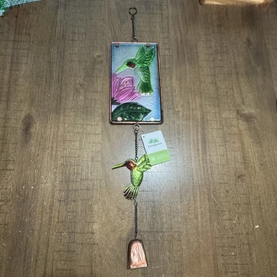 NWT! Evergreen Hand Painted Glass Hummingbird Suncatcher Hanging Decor w/Bell