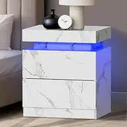 Oikiture LED Bedside Table with Marble Surface and Remote Control 2 Drawers Bed Side Table White