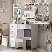 Buildonely Girls Vanity Desk, 5 Drawers and 6 Shelves Makeup Table with 3 Color Lights and 10 Light Bulbs and Lockable Drawers, White Vanity Set with Cushioned Stool