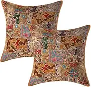 Stylo Culture Decorative Cotton Sofa Couch Settee Cushion Covers 60x60 cm Vintage Patchwork Khaki Abstract Square Envelope 24x24 Inch Ethnic Indoor Throw Pillow Covers - 2 Pcs
