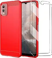 Case Compatible with NOKIA C32 Cover with 2 Pack Tempered Glass Screen Protector for NOKIA C32, Slim Fit Soft TPU Shockproof Anti-Scratch Phone Case Cover - Red