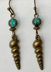 Bronze Shell & Aqua Glass Bead Earrings. Boho Chic. Ocean. Beach.