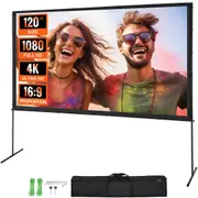Projector Screen with Stand, 120 inch 16:9 4K 1080 HD Outdoor Movie Screen with Stand, Wrinkle-Free Projection Screen with Bar Feet and Carry Bag, for Home Theater Cinema Backyard Movie