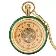 Men's Vintage Mechanical Pocket Watch Automatic Green Jade Case Fob Snake Chain