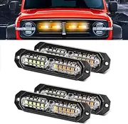 Led Strobe Light White Amber, 12 Led Emergency Surface Mount Grille Light, 4PC Pack Mini Warning Flashing Grill Bar, Upgraded Waterproof for Tow Ram F150 F250 F350 Trucks Van Utility (CB-02-WY)