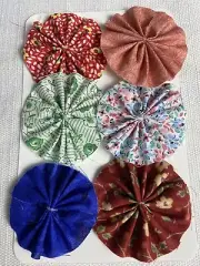 Lot Of 6 Flower YoYo's fabric Embellishments Junk Journal Scrapbooking