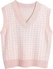 [Sdencin] Women Houndstooth Pattern Knit Sweater Vest Sleeveless Loose V-Neck 90s Waistcoat Pullover Knitwear Top